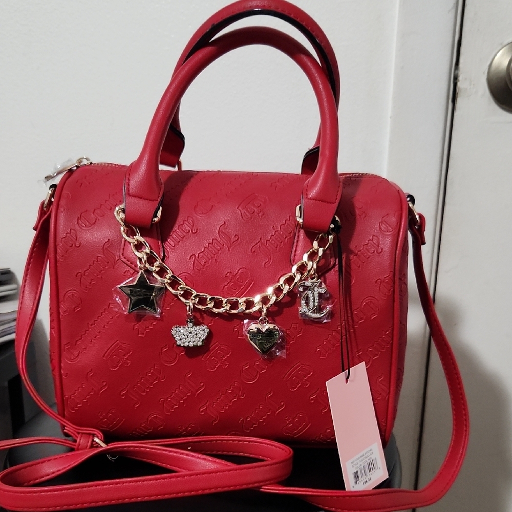 Red Leather Satchel with Silver Chain Accents